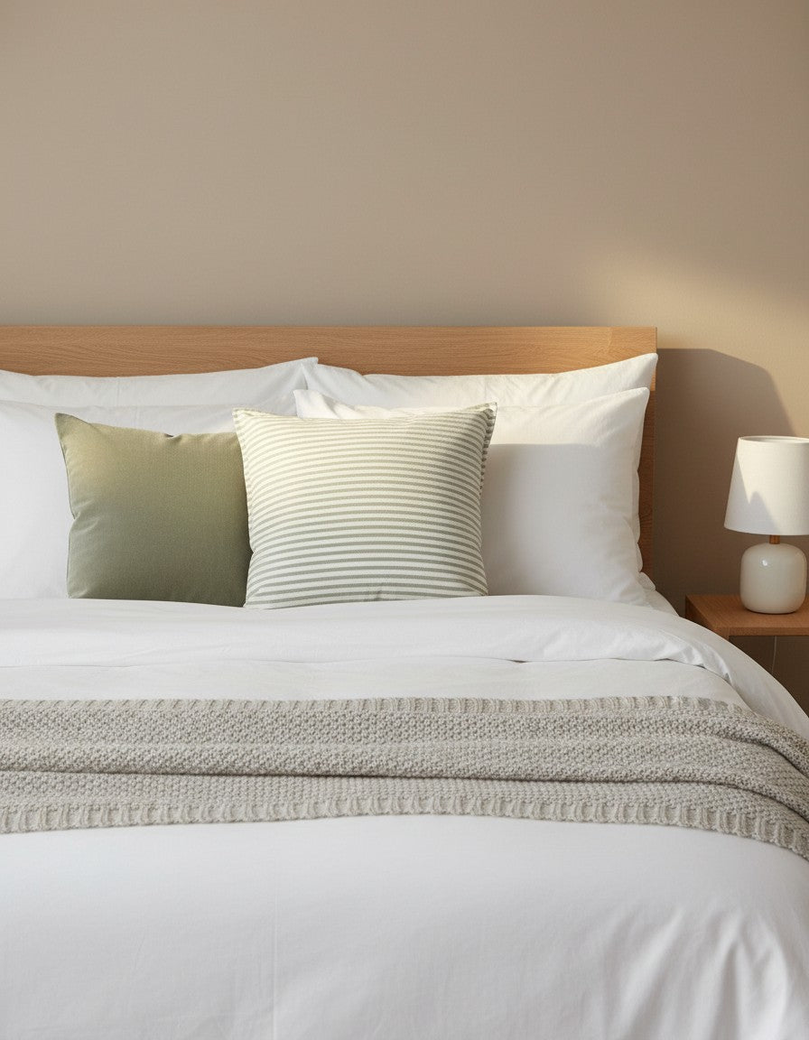 Funda de cojín Kankla de algodón verde con diseño de rayas sobre cama en dormitorio de estilo natural.
